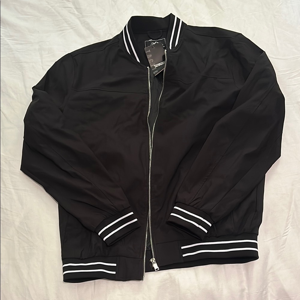 Classic Black Bomber Jacket with White Striped Ribbing